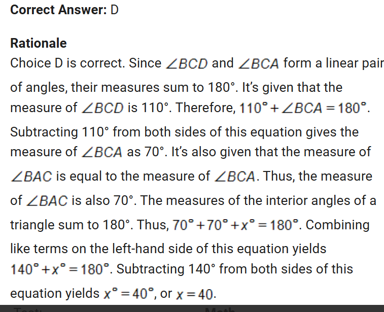 <p>i made the mistake of thinking the outside angle is angle c. You subtract 110 form 180 to get angle c. and since a and c are equal they are the same. then you solve.</p>