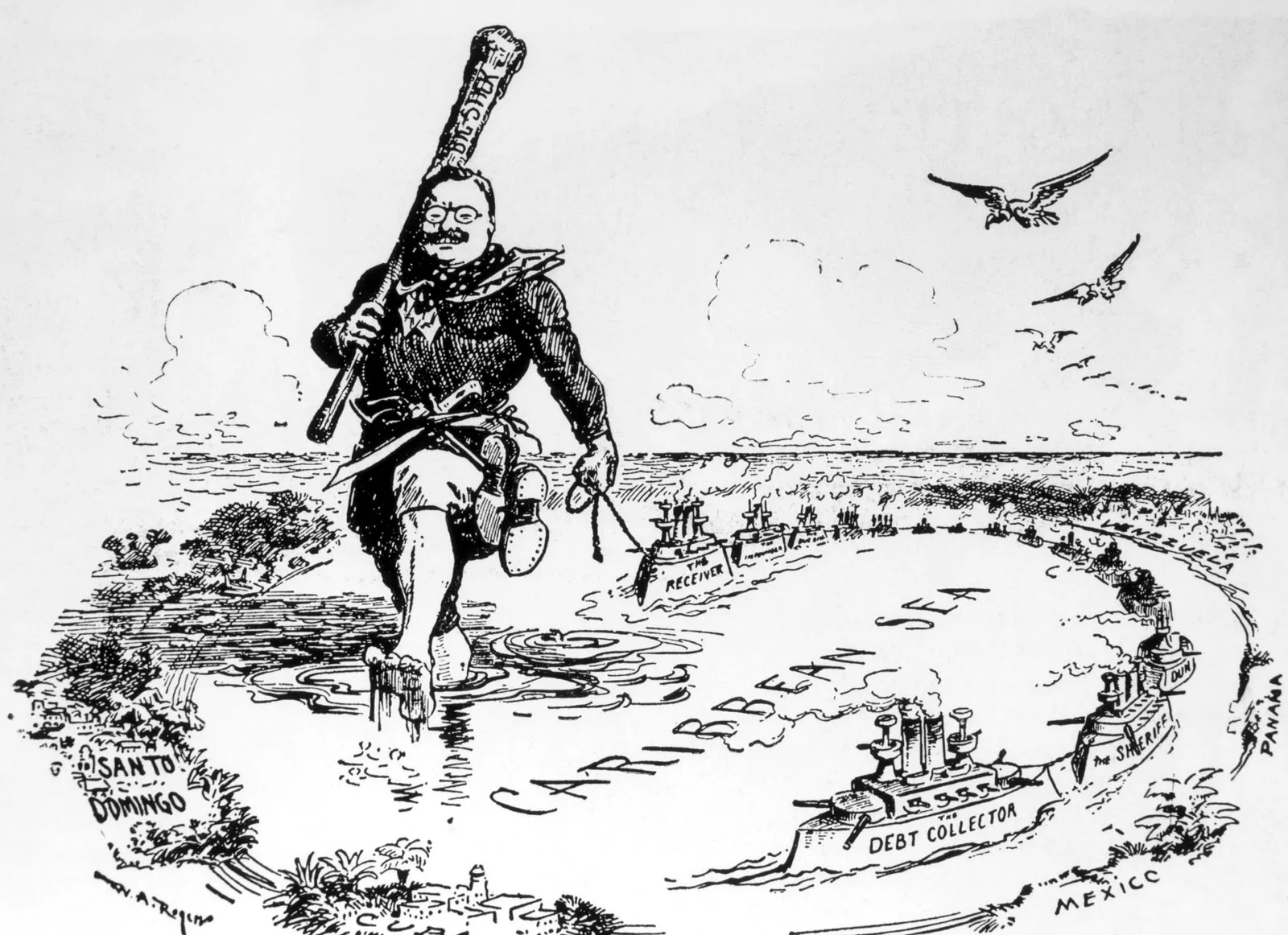 <p>corollary added to the Monroe Doctrine that stated not only were the nations of the <strong>Western Hemisphere not open to colonization by European powers</strong>, but that the <strong>U.S had the responsibility to intervene </strong>in domestic affairs of those nations <strong>to protect U.S investments</strong></p>