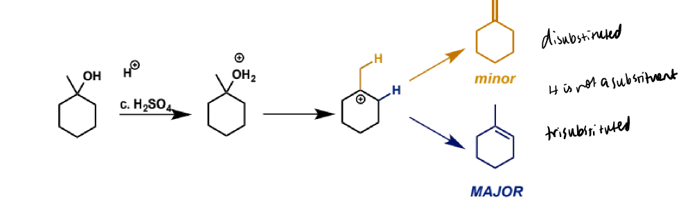 <ul><li><p>more than one alkene can be formed from intermediate carbocation</p></li><li><p>E1 tends to give the more substituted alkene as the major product</p></li></ul><p></p>