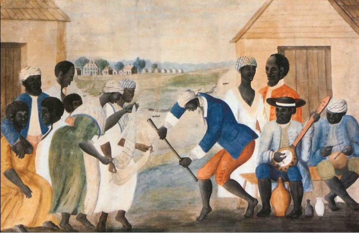 <p><strong>Description</strong>: <span> </span></p><ul><li><p>Dancing barefoot with sticks and scarves was a tradition among the Yoruba people of Nigeria and they used instruments such as the gourd and shekere</p></li><li><p>Jumping the broom was a tradition associated with weddings, which were illegal to slave masters</p></li><li><p>They wore African headdresses with unique prints showing resistance to slavery conditions. Image celebrates community, family, and tradition</p></li></ul><p>(English Colonies)</p>