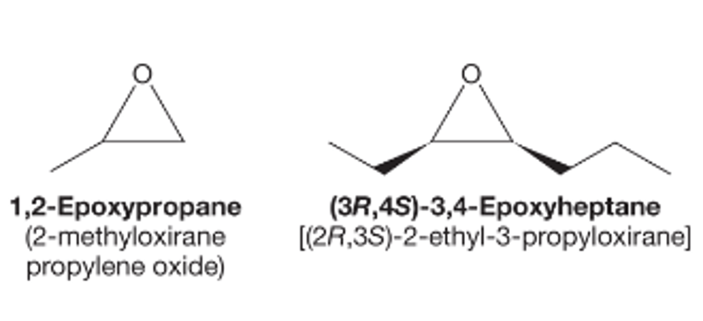 <p>Three-membered rings have their own naming schemes due to the frequency at which they are encountered</p><p>The most versatile IUPAC method has you treat the epoxide as a substituent. It has you fin dthe longest carbon chain and then use the term epoxy in the prefix for the two carbons attached to the ring oxygen</p>