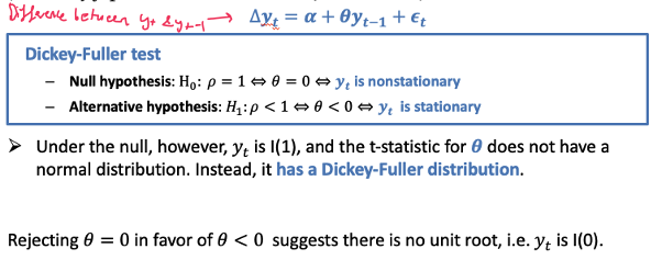 <p>Tests for a unit root</p><p>1 sided test (p&lt;1)</p><p>Rejecting null = NO unit root</p><p>DF critical regions are different to t tests</p>