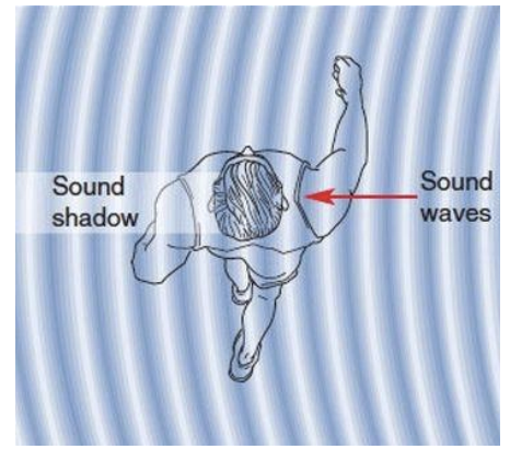 <p><strong>higher frequency sounds (>1.5 KHz)</strong>, the head casts a “<strong>sound shadow</strong>” that dampens intensity of sound at the other ear</p><p>moving head around detects interaural intensity difference → infer sound direction </p>