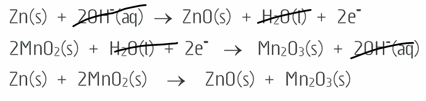 <p>Zn(s) + 2MnO<sub>2</sub>(s) —&gt; ZnO(s)  + Mn<sub>2</sub>O<sub>3</sub>(s) </p>
