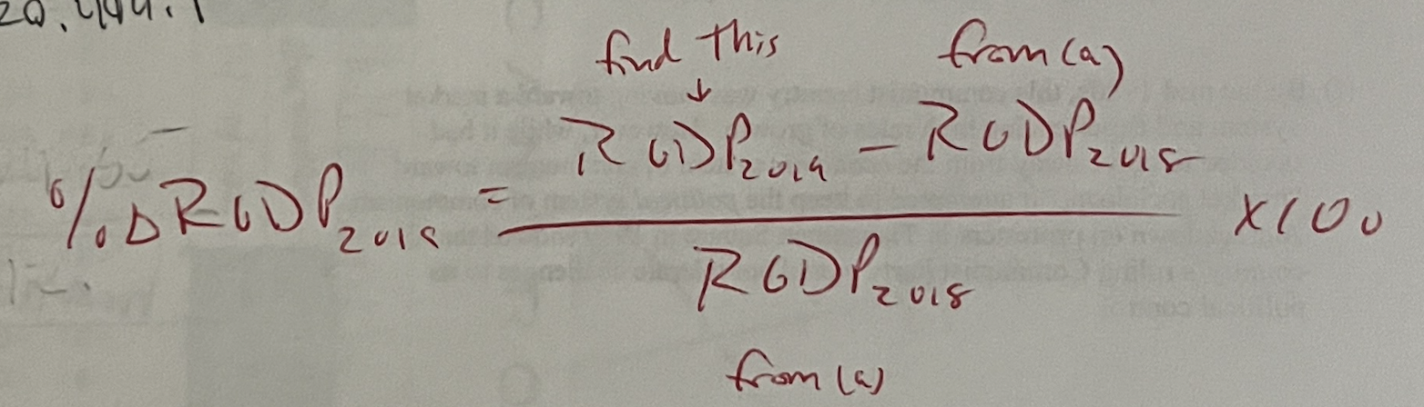 <p>RGDP of Year in question -RGDP of previous year/ RGDP from Previous year x 100</p>
