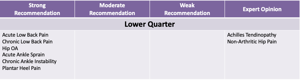 <ul><li><p>acute low back pain</p></li><li><p>chronic low back pain</p></li><li><p>hip OA</p></li><li><p>acute ankle sprain</p></li><li><p>chronic ankle instability&nbsp;</p></li><li><p>Plantar heel pain</p></li></ul><p></p>