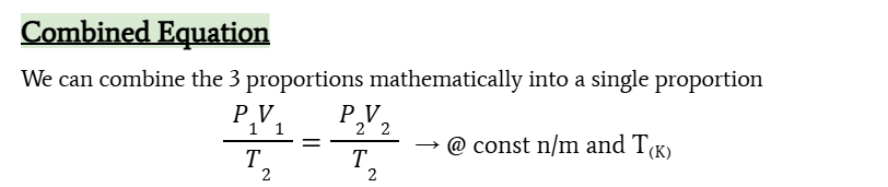 <p>P<sub>1</sub>V<sub>1</sub>/T<sub>1</sub> = P<sub>2</sub>V<sub>2</sub>/T<sub>2</sub> at constant n/m and T in Kelvin</p>