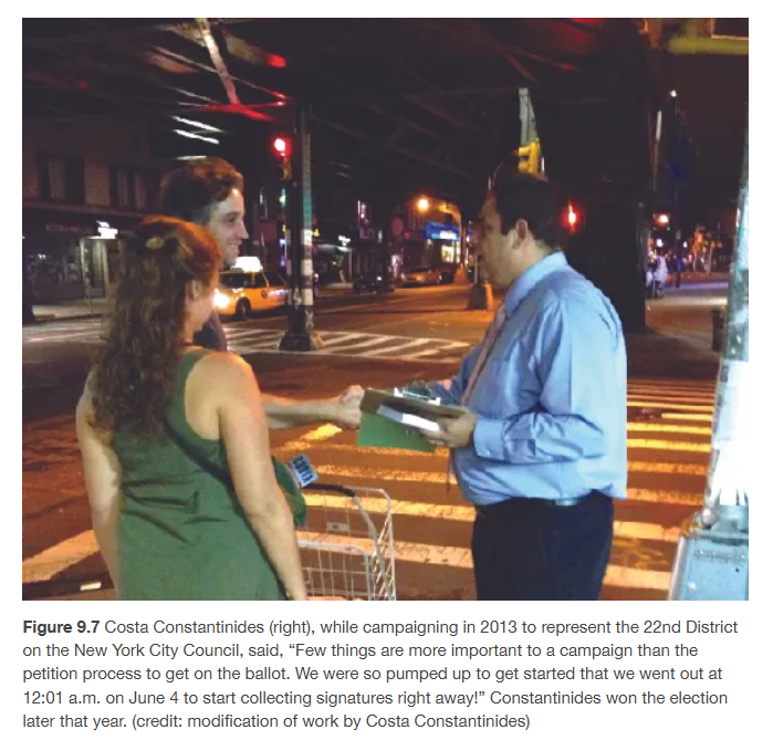 <p><span><span>Someone has to write the rules that govern elections, and those rules help to determine outcomes. </span></span></p><p></p><p><span><span>In the United States, such rules have been written to make it easy for existing parties to secure a spot for their candidates in future elections. </span></span></p><p></p><p><span><span>But some states create significant burdens for candidates who wish to run as independents or who choose to represent new parties. </span></span></p><p></p><p><span><span>For example, one common practice is to require a candidate who does not have the support of a major party to ask registered voters to sign a petition. </span></span></p><p></p><p><span><span>Sometimes, thousands of signatures are required before a candidate’s name can be placed on the ballot (</span></span>Figure 9.7<span><span>), but a small third party that does have large numbers of supporters in some states may not be able to secure enough signatures for this to happen.</span></span></p>