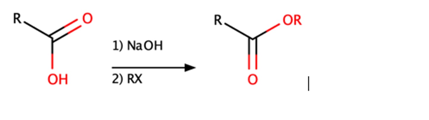 <p>o Strong base with alkyl halide will convert a carboxylic acid into an ester</p><p>o SN2 reaction</p><p>Tertiary alkyl halide = no rxn</p>