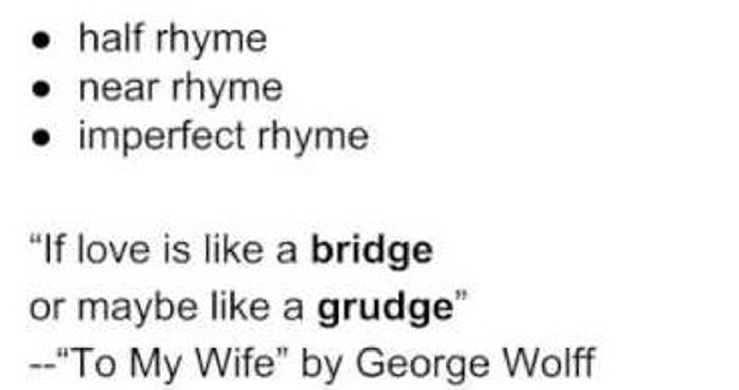 <p>rhyme in which the vowel sounds are nearly, but not exactly the same (i.e. the words "stress" and "kiss"); sometimes called half-rhyme, near rhyme, or partial rhyme</p>