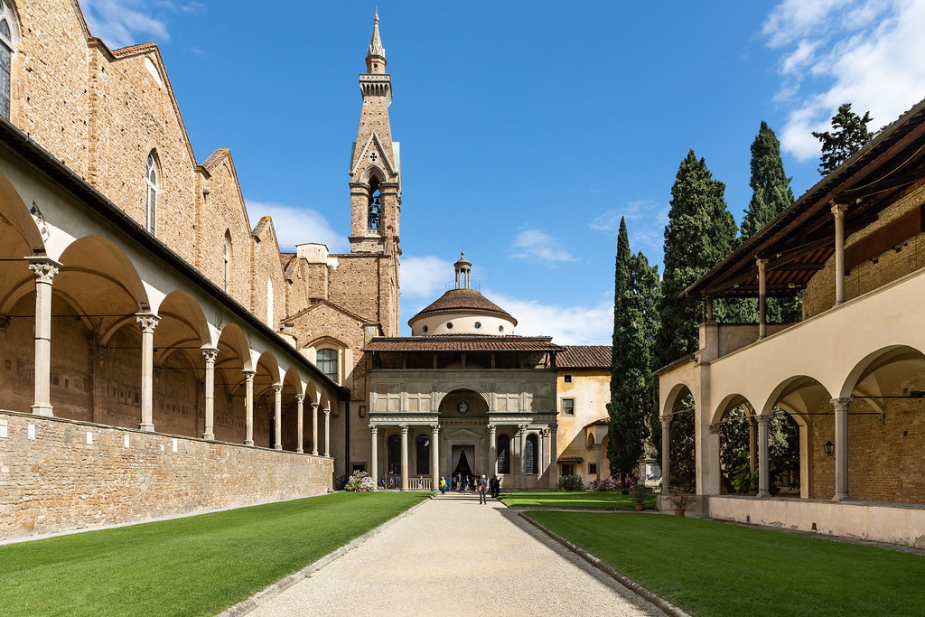 <p>Pazzi Chapel Basilicia di Santa Croce. Florence, Italy. Filippo Brunelleschi (architect) c. 1429-1461 C.E. Masonry Pazzi chapel as a perfect space with harmonious proportions. He could achieve this result by including in his project-plan the knowledge gained during his stay in Rome when he focused primarily on measuring ancient buildings, for instance the Pantheon. The central dome is decorated with round sculptures and the coat of arms of Pazzi Family</p>