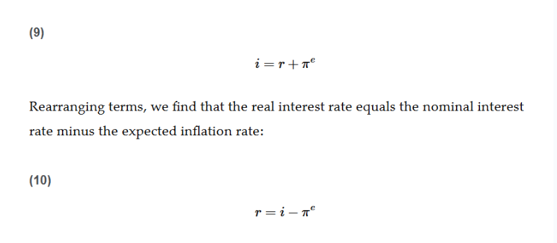<p>The Fisher Equation states that the nominal interest rate <em>i</em> equals the real interest rate <em>r </em>plus the expected rate of inflation&nbsp;<span style="background-color: transparent;">π^e.</span></p>