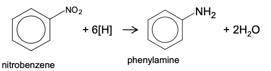 <ul><li><p>Mechanism: reduction</p></li><li><p>Reagent: Sn/Fe and HCl</p></li><li><p>Conditions: Heating</p></li></ul><p></p><p>As the reaction is carried out in HCl, the ionic salt C<sub>6</sub>H<sub>5</sub>NH<sub>3</sub><sup>+</sup>Cl<sup>-</sup> will be formed, which is soluble in water</p>