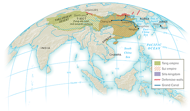 <p>-618-907 Centralized under Tang Taizong who lowered taxes, banditry, &amp; rice prices &amp; expanded state to Taklamakan Desert</p><ul><li><p>Extensive communication networks w/ resting spots, Middle Kingdom &amp; rice</p><ul><li><p>Chang’an: 2M</p></li></ul></li><li><p>Equal-Field system: Equal &amp; equitable distribution of land, but Buddhist monasteries &amp; bribery &amp; intimidation in 700s gave wealthy families large plots</p></li><li><p>Decline: Careless leaders = An Lushan’s 755 failed rebellion weakened Tang who compromised w/ Uighurs for strength</p><ul><li><p>875-884: Huang Chao’s rebellion = increased regional military power &amp; eventual takeover of China (Ruler abdicated)</p></li></ul></li></ul><p></p>