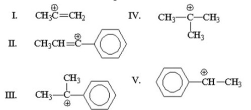 <p>Which of the following is the most stable cation?</p><p>A) I</p><p>B) II</p><p>C) III</p><p>D) IV</p><p>E) V</p>