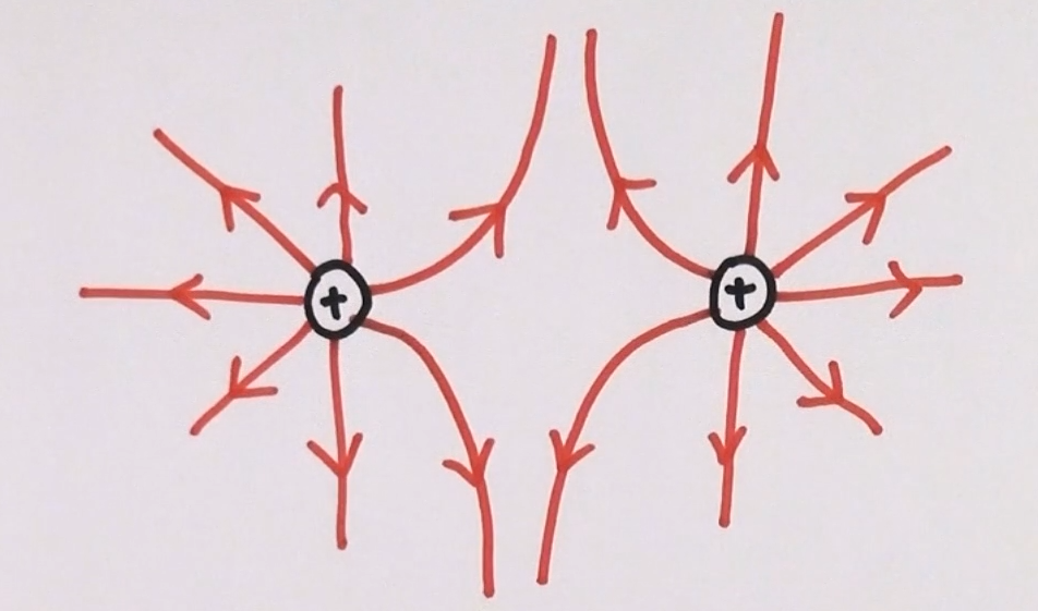 <ul><li><p>Both charges repel from each other</p></li><li><p>Field lines never cross</p></li></ul><p></p>