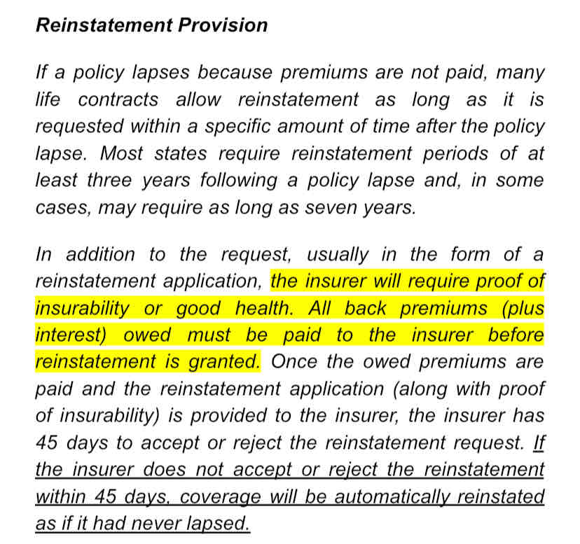 <p>Which of the following is a reinstatement condition?</p><ul><li><p>Proof of insurability</p></li><li><p>Changes in the insuring clause</p></li><li><p>Premium increase</p></li><li><p>Premium decrease</p></li></ul>