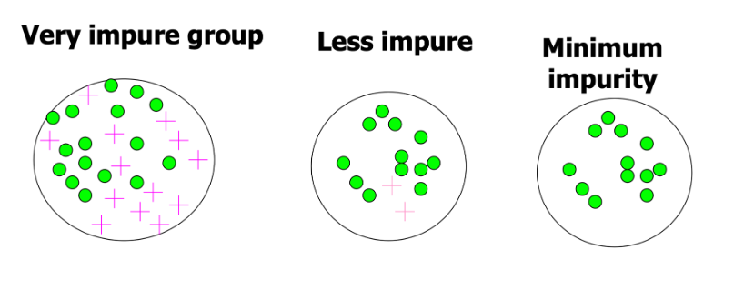 <ul><li><p>measure of heterogeneity, how mix is the data at each step</p></li><li><p>Impurity has maximum value (= 0.50) when the observations are evenly distributed among the categories (50% in category 1; 50% in category 0)</p></li><li><p>Impurity is 0 when all observations belong to 1 category (100% in either category 1 or category 0</p></li><li><p>It decreases from Impure to Pure</p></li><li><p>pluses and circles - mixture of both</p></li><li><p>categories</p></li></ul><p></p><p>very impure</p><ul><li><p>50 of each</p></li><li><p>max impurity</p></li><li><p>max value of .5</p></li></ul><p></p>