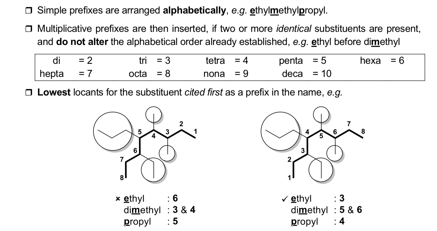 <p>1) Determine longest continuous carbon chain.</p><p>2) Name every substituent.</p><p>3) Ensure each carbon atom has smallest number.</p><p>4) Write name as single word.</p><p></p><p>note: if only alkane functional group present, ends in -ane</p><p></p>