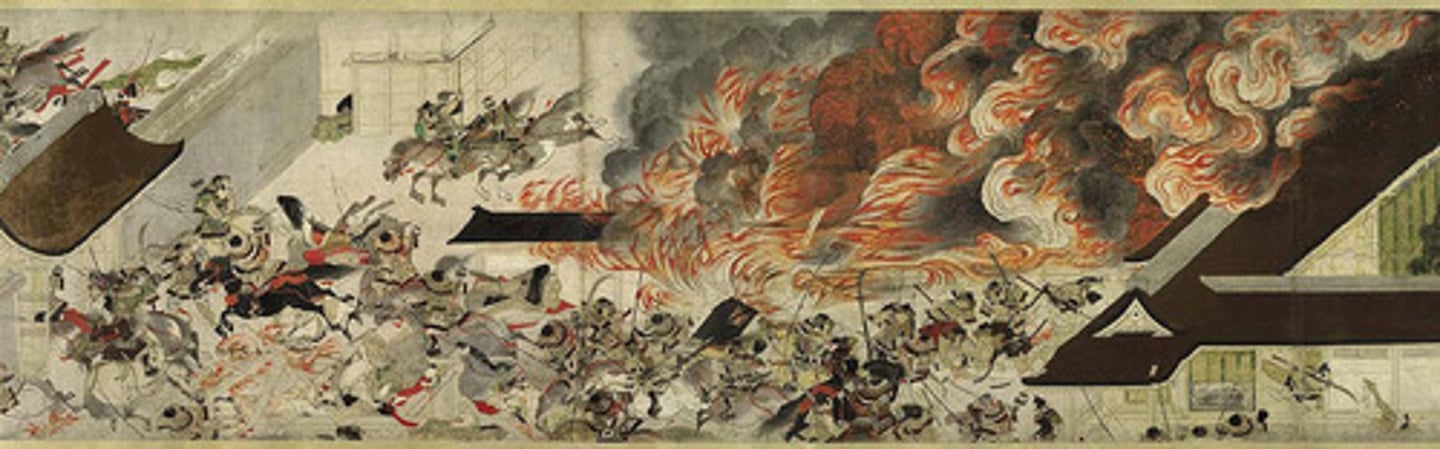 <p>1250-1300. Handscroll<br>Continuous narrative<br>Right to left, hand scrolls. Narrative is rolled up and then unraveled.<br>EMAKI! (narrative scroll painting) painted A CENTURY after the events that took place.<br>Coup, rebels kill enemies, archers and soldiers.<br>Figures at depersonalized, facial features are simplified.<br>SOFT FEATURES<br>Elevated viewpoint, high horizon line.<br>DRAMA!! CHAOS!! ACTIVE BRUISES<br>Like a STORY, few to many figures</p>