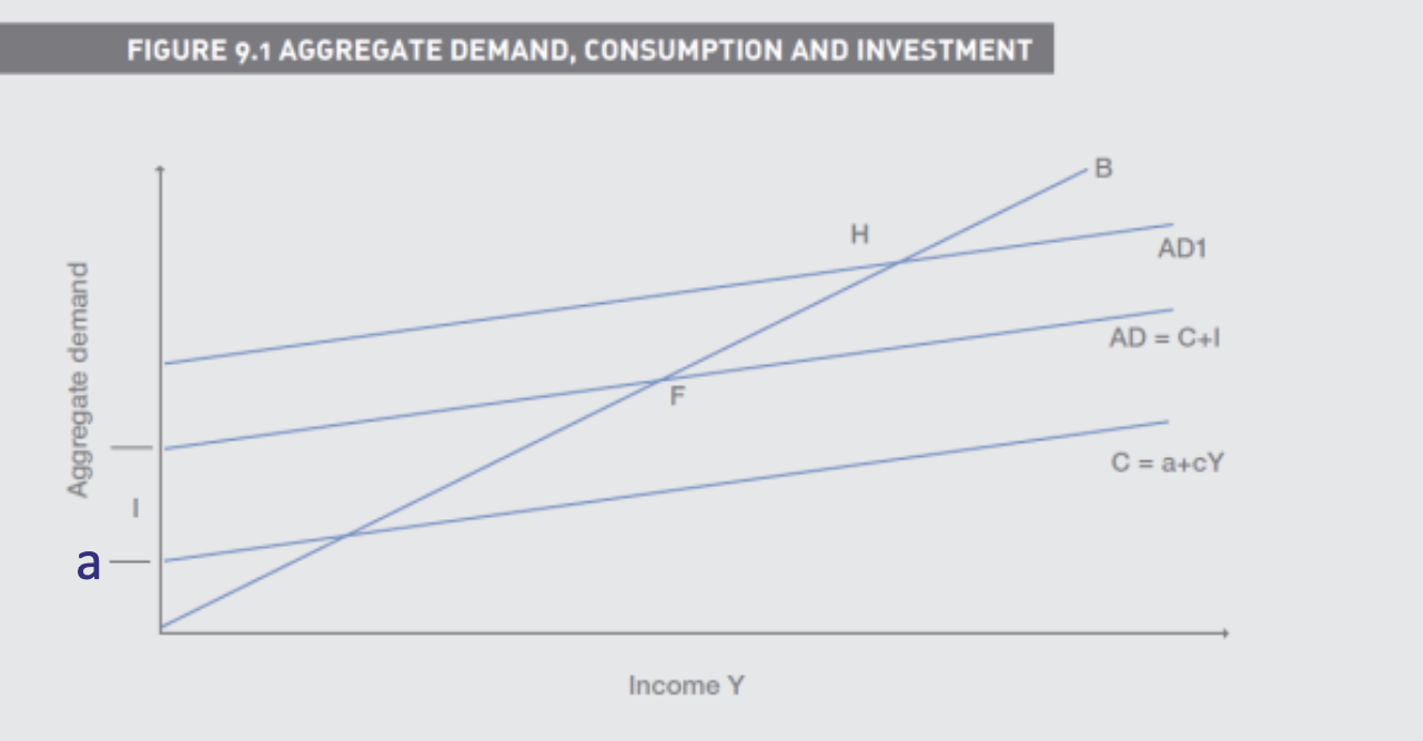 <p>C= a +cYD</p><p>a is autonomous spending</p><p>c is the ‘marginal propensity to consume’ (MPC)</p><p>YD  is disposable income</p>