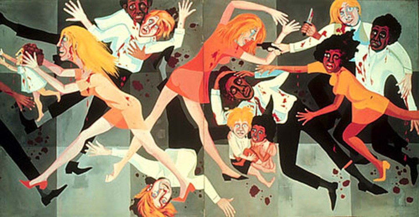 <p>faith Ringgold, race riots, references Guernica, meant to represent fear of future</p>