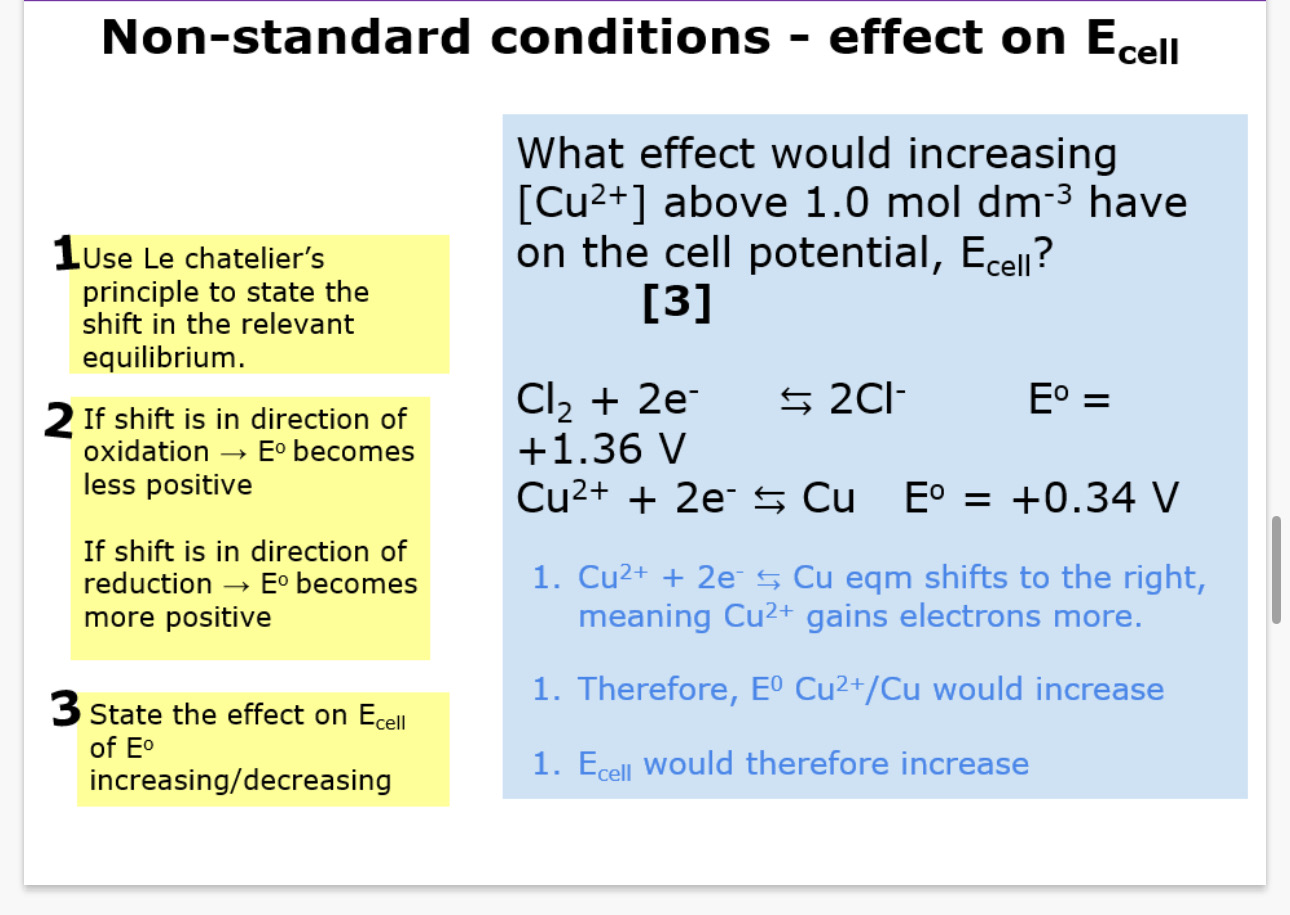 <p>Use le chateliers principle to know which side it will shift</p><p>If in direction of oxidation (to the left) E cell becomes more negative/less positive</p><p>If in direction of reduction (to the right) E value becomes more positive/less negative</p><p>So state if E cell increases or decreases</p>