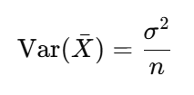 <p>• Var<code>\(\bar{X}\)</code>): Variance of the sample mean</p><p>• σ²: Population variance</p><p>• n: Sample size</p><p>Use: Shows how much the sample mean varies from sample to sample.</p>
