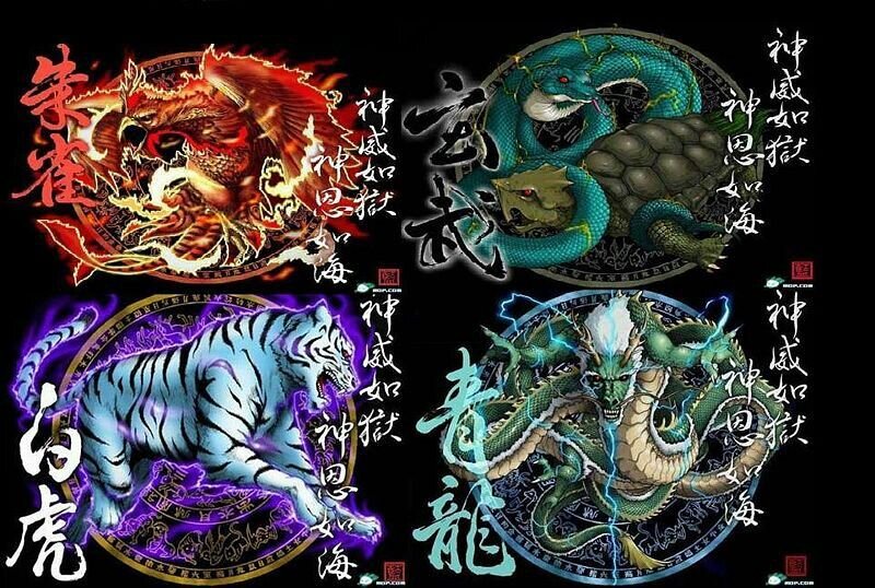 <p>Phoenix (Red) - South</p><p>Dragon (Yellow or Blue) - East</p><p>Black Turtle/Snake - North</p><p>Tiger - West<br><br>Folk religion; influenced by Chinese beliefs</p>