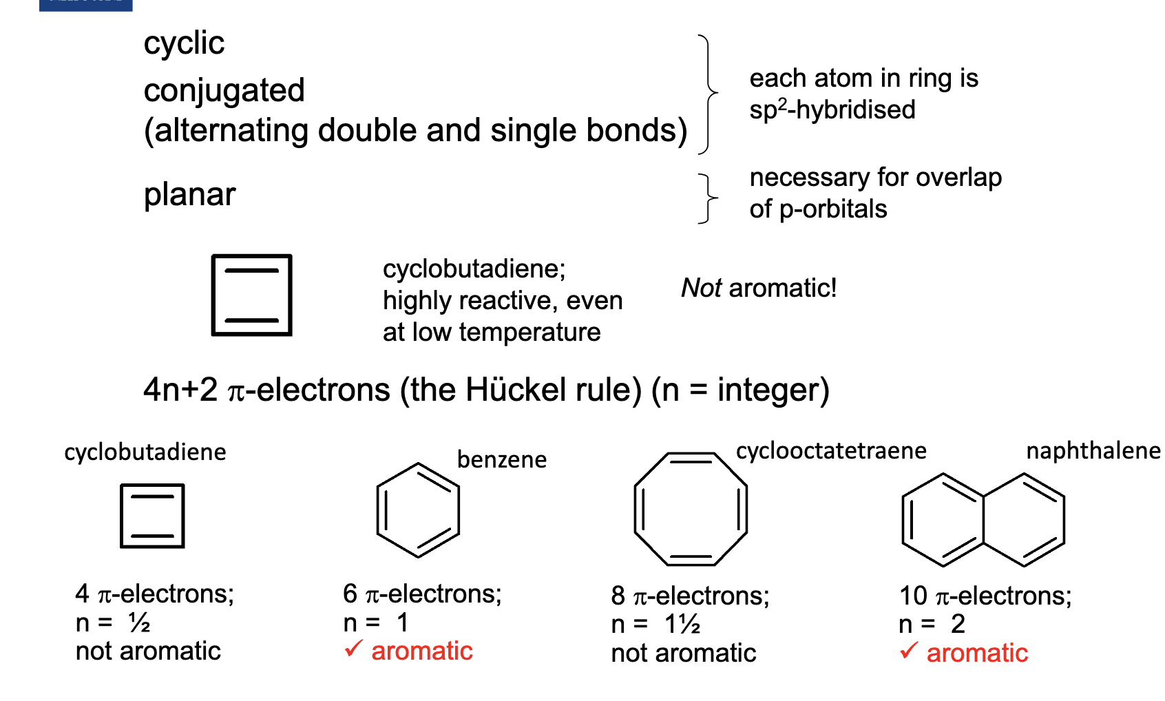 <p>For example, the first one is cyclic and conjugated, but we don’t know if its planar.<br><br>We use the Huckel rule, where the π electrons are present in the double electrons.</p><p>4n+2π=4π</p><p>n=1/2 (not aromatic).</p>