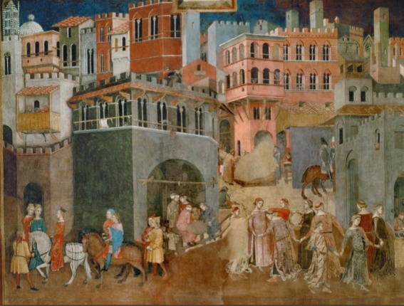 <p>Palazzo Publico, Siena, Italy, 1338-1340, a painting on the inside walls of the town hall that is supposed to remined the legislators of virtue by showing good vs bad government. A combination of civic and religious. Done in Fresco.  </p>