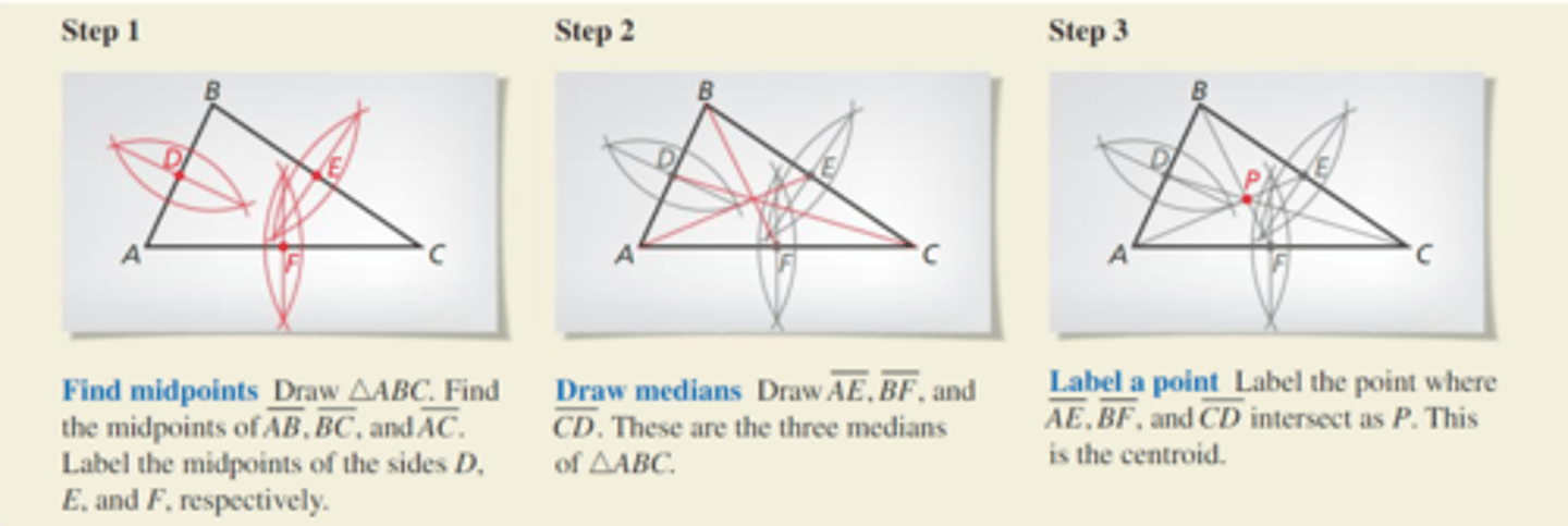<p>By averaging the x coordinates (just the x) and the y coordinates (just the y) of all three vertices of the triangle</p>