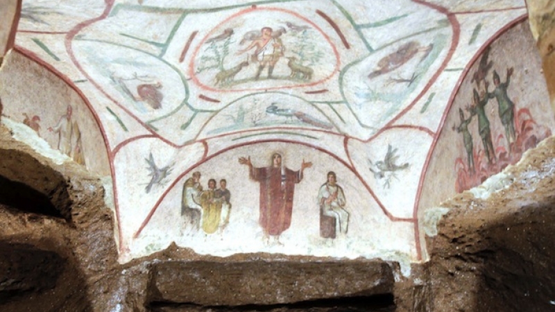 <p>Catacomb of Priscilla</p><ul><li><p>Rome, Italy.</p></li><li><p>Late Antique Europe.</p></li><li><p>c. 200-400 C.E.</p></li></ul><p>Excavated tufa and fresco The wall paintings are considered the first Christian artwork.</p>