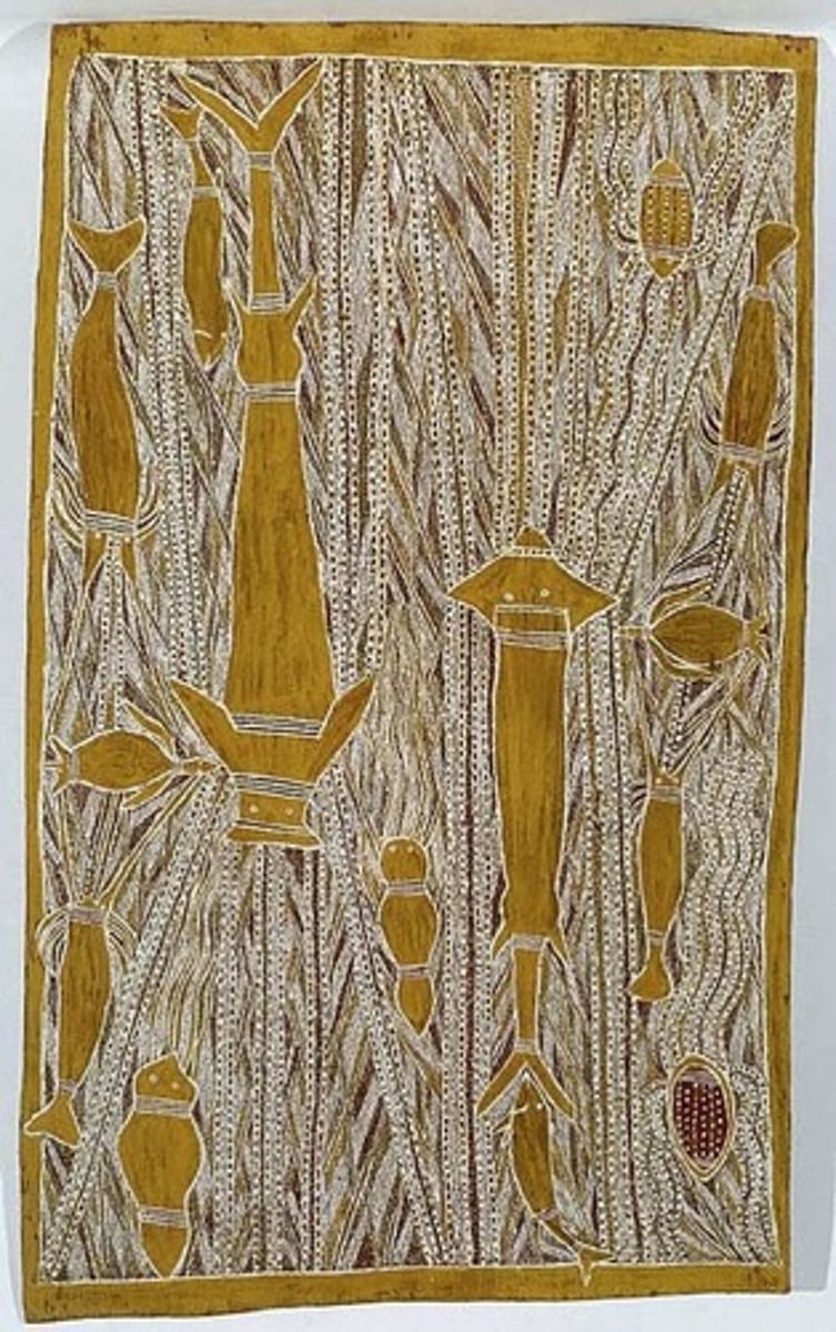 <p>Title: The Birth of the Djang'kawu <strong>Children at Ye-lang-bara</strong></p><p>Time: 1980s.</p><p>Known for:</p><ul><li><p>Bark painting using<strong> Rrark technique (cross hatching)</strong> to convey ancestral stories.</p></li><li><p>The painting asserts <strong>Aboriginal sovereignty and connection to land</strong>, challenging colonial narratives and emphasizing the deep <strong>continuity of Yolŋu law, identity, and spirituality</strong>.</p></li><li><p>was a pioneer in bringing <strong>Aboriginal art and voice into national and international recognition</strong>, combining traditional methods with a commitment to <strong>cultural and political advocacy</strong>.</p></li></ul><p></p>