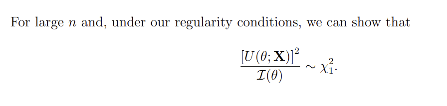 <p></p><p>Testing the null hypothesis $$H_0:\theta=\theta_0$$ against the general alternative $$H_1: \theta \not= \theta_0$$ </p><p>Calculate sample statistic and compare to the critical value of the $$\chi_1^2$$ distribution</p>