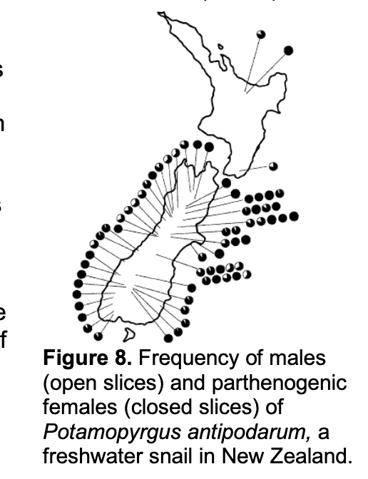 <p>Fig. 8 of the reading assignment shows that</p><p>There is variation among snail populations in their mode of reproduction (sexual vs. parthenogenic).&nbsp;</p><p>sexual reproduction is more common than parthenogenic&nbsp;reproduction&nbsp;in snails across New Zealand.</p><p>there are more parasites in southern New Zealand than there are in northern New Zealand.</p><p>parasites cause snail populations to reproduce&nbsp;sexually.</p>