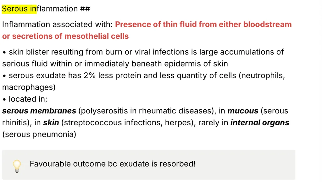 <p><strong>Is there a serous inflammation in the myocardium?</strong></p><ul><li><p>a) yes</p></li><li><p><strong>b) no</strong></p><ul><li><p>it ocurs seldom in internal organs (serous pneumonia)</p></li></ul></li></ul><p></p>