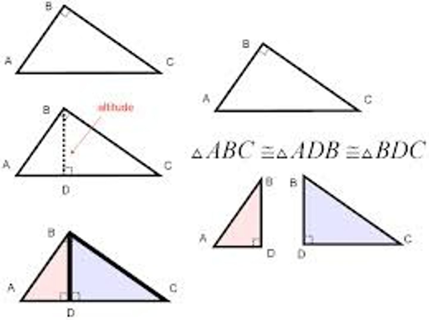 <p>If the altitude is drawn to the hypotenuse of a right triangle, then the two triangles formed are similar to the original triangle and to each other</p>