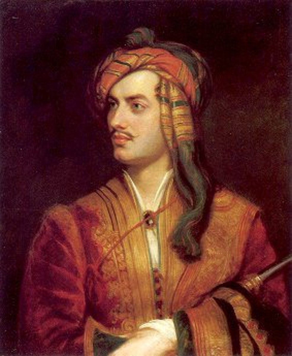 <p>English Romantic poet who embodied the idea of the "Romantic Hero" died on way to fight in the war for Greek independence</p><p></p>