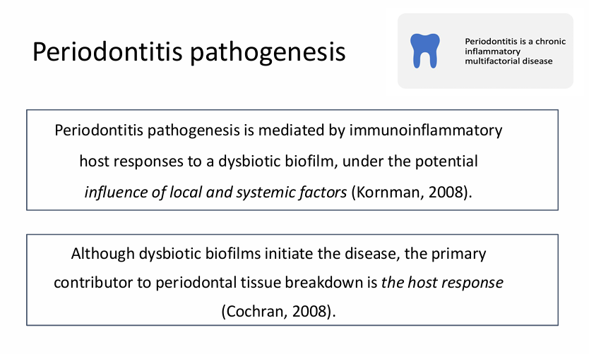<p>immunoinflammatory host response</p><p>response to a dysbiotic biofilm</p><p>local and systemic factors</p><p>biofilm initiates the disease, the host response is responsible for the break down</p>