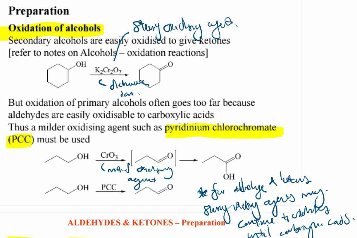 <p>Primary alcohols → Aldehydes (mild oxidants like PCC).</p><p>Secondary alcohols → Ketones.</p>