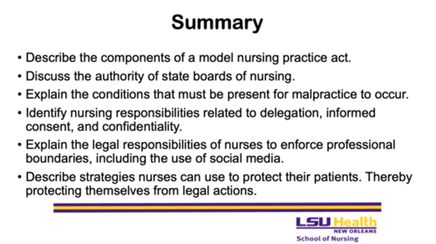 <p>1. Duty to the patient must exist</p><p>2. Duty is breached</p><p>3. Proximate cause (circumstances link breach to harm)</p><p>4. Cause and fact must be proven</p><p>5. Damage occurs to the patient</p>