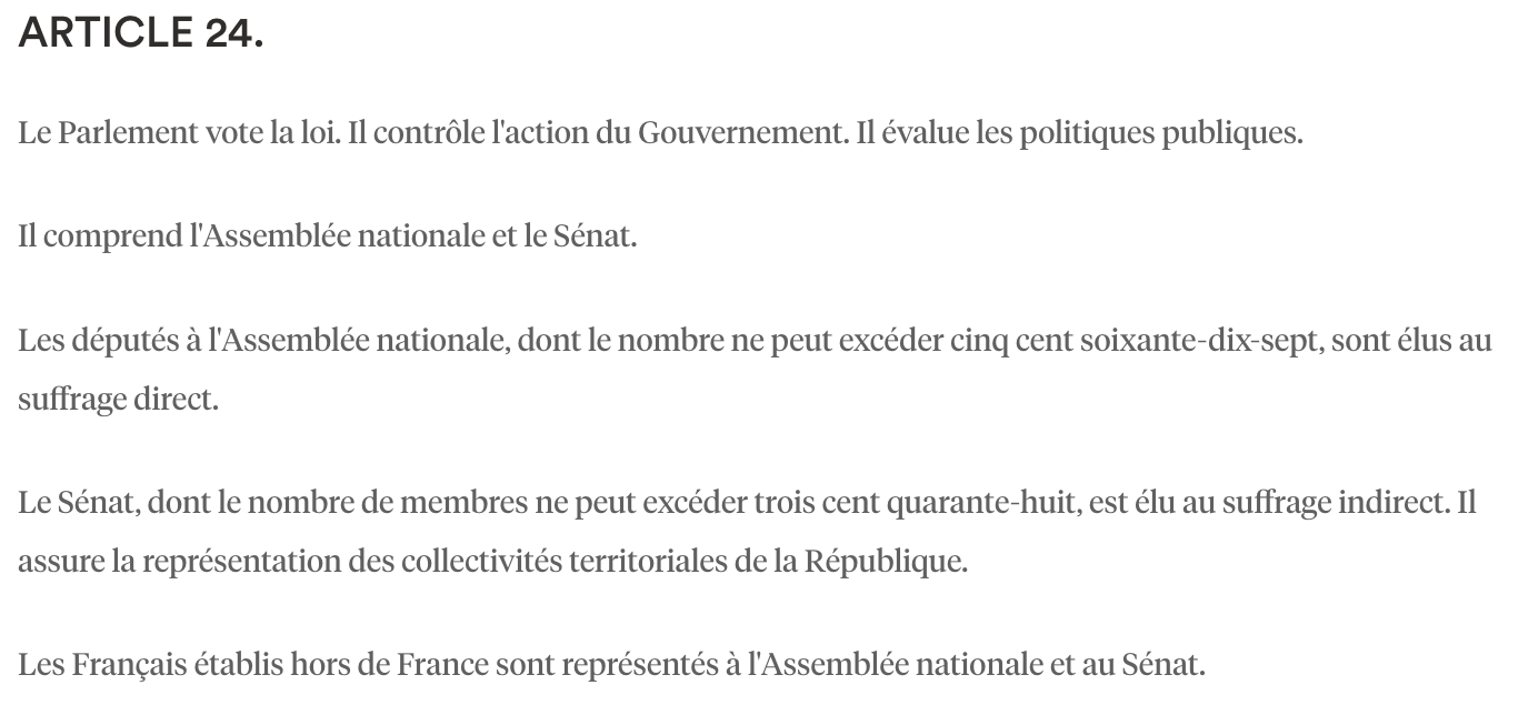 <p>Alinéa 1 : modifications de 2008</p><ul><li><p>Le Parlement vote la loi : avant “la loi est votée par le Parlement” ⭢ symboliquement donne + de pouvoir</p></li><li><p>Deux autres phrases ajoutées, le faisait déjà mais pour la symbolique est constitutionnalisé.</p></li></ul><p></p>