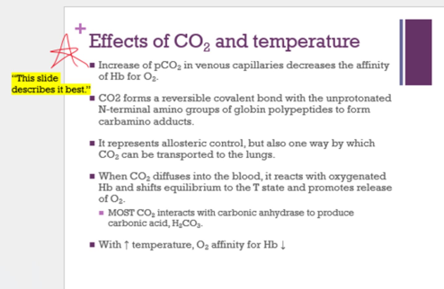 <p>with increased temp, O2 affinity for Hb decreases</p>