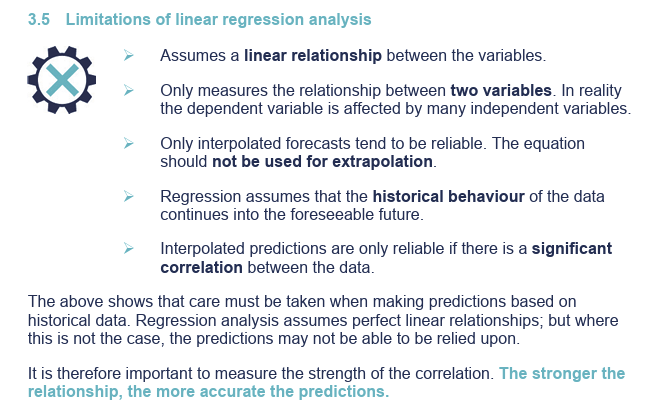 <p>“Only interpolated forecasts tend to be reliable” - <span data-name="bar_chart" data-type="emoji">📊</span> Example </p><p>Suppose you use linear regression to model the relationship between <strong>study hours</strong> and <strong>exam score</strong>, based on data from students who studied <strong>0 to 10 hours</strong>:</p><p> </p><table style="min-width: 50px"><colgroup><col style="min-width: 25px"><col style="min-width: 25px"></colgroup><tbody><tr><th colspan="1" rowspan="1"><p>Hours Studied</p></th><th colspan="1" rowspan="1"><p>Exam Score</p></th></tr><tr><td colspan="1" rowspan="1"><p>0</p></td><td colspan="1" rowspan="1"><p>50</p></td></tr><tr><td colspan="1" rowspan="1"><p>2</p></td><td colspan="1" rowspan="1"><p>60</p></td></tr><tr><td colspan="1" rowspan="1"><p>5</p></td><td colspan="1" rowspan="1"><p>75</p></td></tr><tr><td colspan="1" rowspan="1"><p>8</p></td><td colspan="1" rowspan="1"><p>85</p></td></tr><tr><td colspan="1" rowspan="1"><p>10</p></td><td colspan="1" rowspan="1"><p>90</p></td></tr></tbody></table><p> </p><p>Let’s say the regression line is:</p><p> Score=50+4×Hours\text{Score} = 50 + 4 \times \text{Hours}Score=50+4×Hours </p><div data-type="horizontalRule"><hr></div><p> <span data-name="check_mark_button" data-type="emoji">✅</span> Interpolation </p><p>If you predict the score for someone who studied <strong>7 hours</strong>, you're interpolating:</p><p> Score=50+4×7=78\text{Score} = 50 + 4 \times 7 = 78Score=50+4×7=78 </p><p>This is <strong>reasonable</strong>, since it's within the data range (0 to 10 hours).</p><p> </p><div data-type="horizontalRule"><hr></div><p> <span data-name="cross_mark" data-type="emoji">❌</span> Extrapolation </p><p>If you use the same model to predict the score for <strong>20 hours</strong> of study:</p><p> Score=50+4×20=130\text{Score} = 50 + 4 \times 20 = 130Score=50+4×20=130 </p><p>But an exam score can't go beyond <strong>100%</strong>, so this prediction is <strong>unrealistic</strong>. The model assumes the same trend continues forever, which is <strong>not valid outside the original data range</strong>.</p>