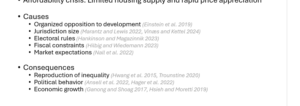 <p>Limited housing supply and rapid increases in housing cost (mortage and rents)</p><p></p><p><span>·</span><span style="font-size: 7pt; font-family: &quot;Times New Roman&quot;">&nbsp;&nbsp;&nbsp;&nbsp;&nbsp;&nbsp;&nbsp; </span><span>Demand side: Increased demand after housing because of population growth, increased per capita consumption of space and urbanization.</span></p><p class="MsoListParagraphCxSpLast"><span>·</span><span style="font-size: 7pt; font-family: &quot;Times New Roman&quot;">&nbsp;&nbsp;&nbsp;&nbsp;&nbsp;&nbsp;&nbsp; </span><span>Supply side: Supply is slow, mainly because of hampering by zoning laws, unpopularity and construction laws made to entertain</span></p><p class="MsoListParagraphCxSpLast"></p><p class="MsoListParagraphCxSpLast"></p>