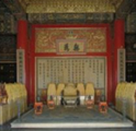 <p>The big chime clock in the Hall of Celestial and Terrestrial Union was fabricated in 1798, the third year of the reign of Jiaqing (1796-1820). </p><p>The shell is a wooden tank imitating the style of a Chinese pavilion.</p><p>With a total height of 5.80 meters, the clock has three tiers.</p><p>At the back of the clock, there is a stair, a step on which people can wind the clock.</p><p>The chime clock has run for more than two centuries, yet its chime is as clear and stentorian as ever.</p>