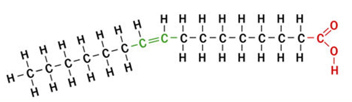 <p>A fatty acid that has one or more double bonds between carbons in the hydrocarbon tail. Such bonding reduces the number of hydrogen atoms attached to the carbon skeleton.</p>