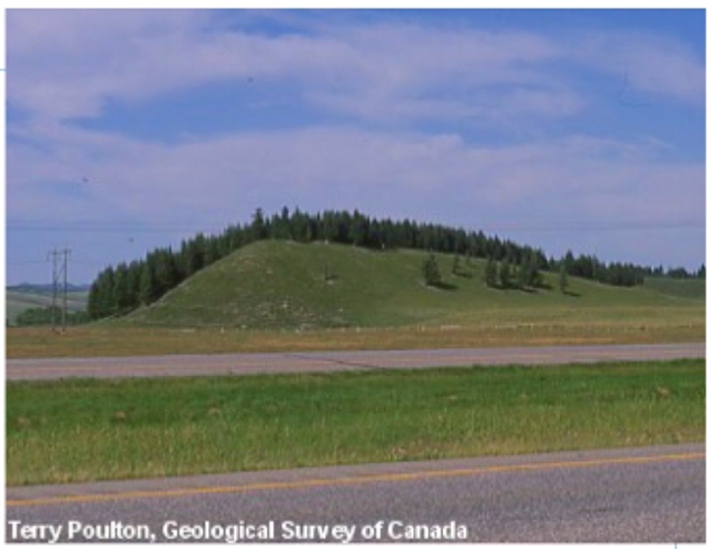 <p>A drumlin forms when a glacier moves over soft sediment and shapes it into a smooth, elongated hill.</p>