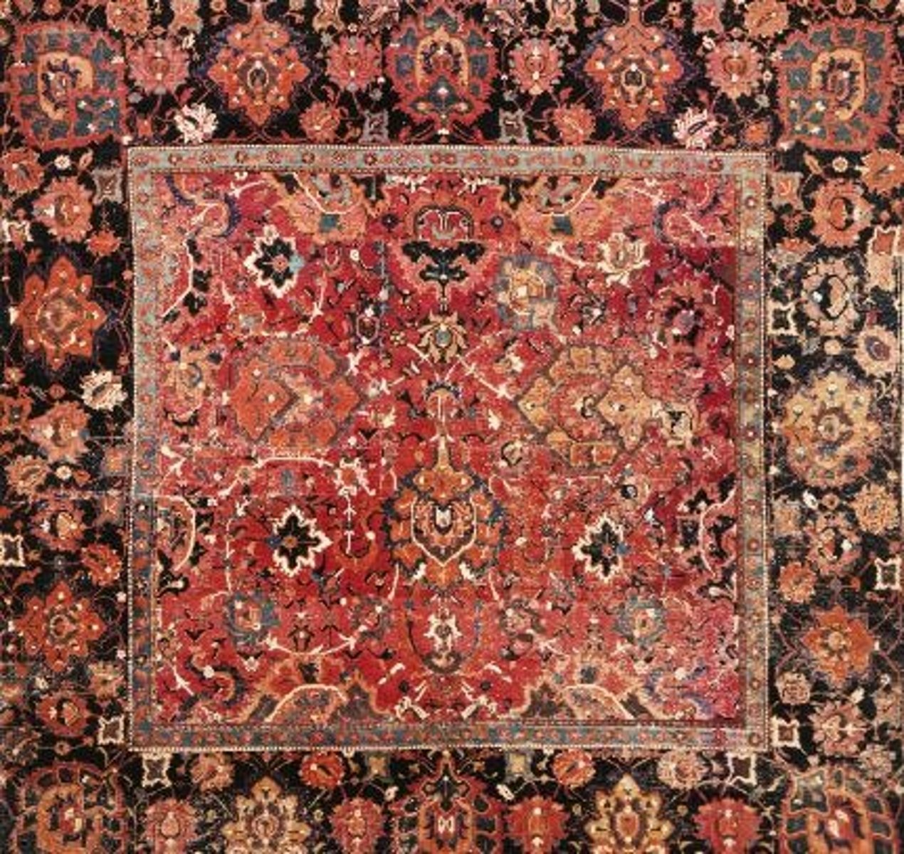 <p>coarse pile weaving intricately done on claret ground using turkish knot.</p>